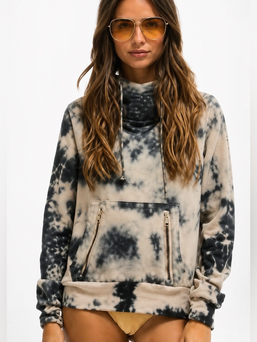Aviator Nation Ninja Hoodie Sand Black Splatter Tie-Dye Print Size Medium